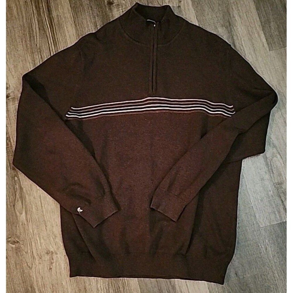 Eddie Bauer Mens Tall Large Sweater Brown 1/2 Zip Striped Mock-Neck Grandpa